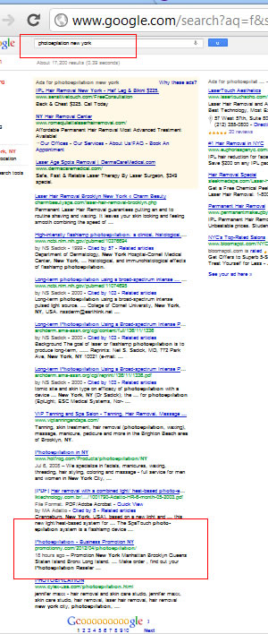 Photoepilation New York Promotion List Google Listing April 2012 NYC