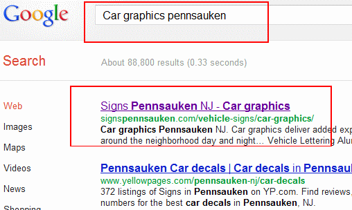 Car graphics Pennsauken Google First Page Promotion 11 June 2012