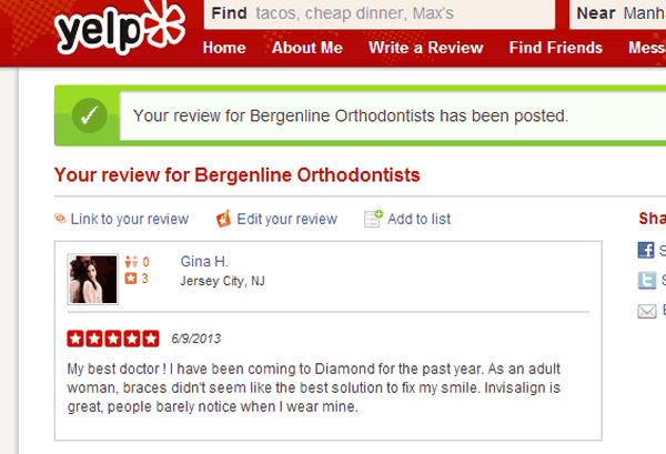 Gina Yelp Bergenline Orthodontists NY Promotion