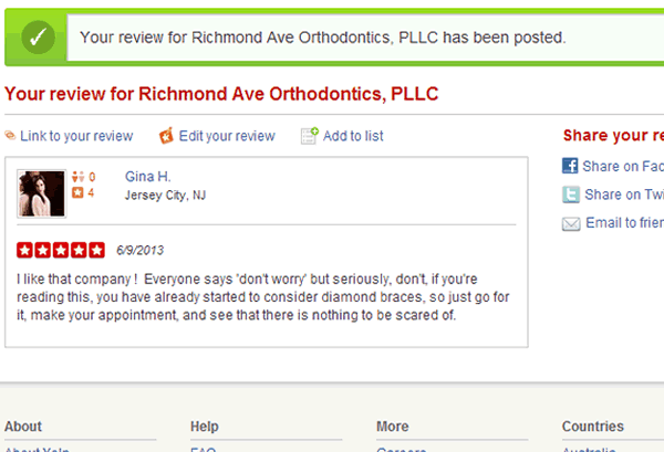 Gina Yelp NY Promotion Richmond Ave Orthodontics