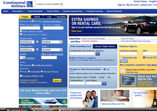 Continental airlines WEBPAGE