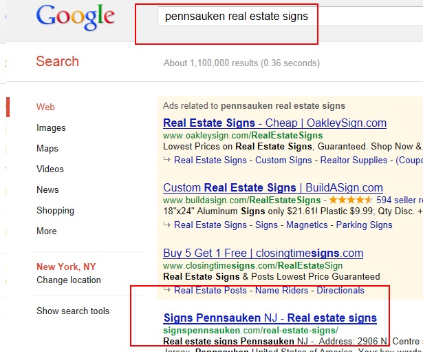Pennsauken real estate signs Google First Page Promotion 11 June 2012-